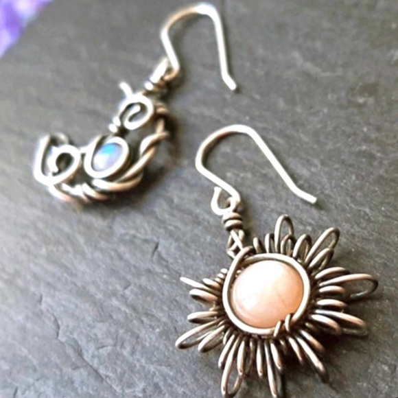 Bohemian Astrology Sun Moon Silver Wire Wrapped Celestial Stone Mismatch Dangles - Picture 8 of 16